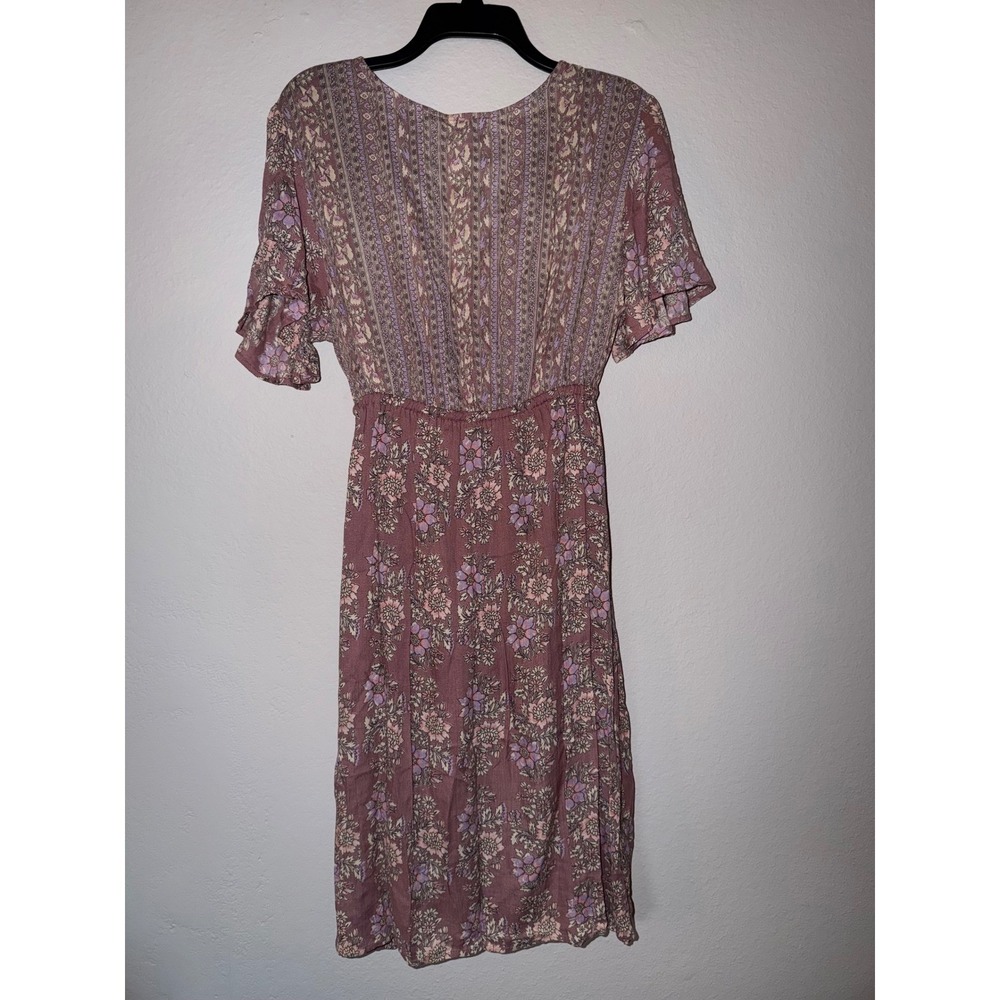 Women Mauve Purple Floral Boho Wrap Dress High Low Tassel Tie Medium - Picture 5 of 5